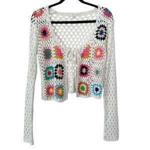 Debut Crochet Knit Tie Front Cardigan Sweater Boho Festival Retro Y2K Size M